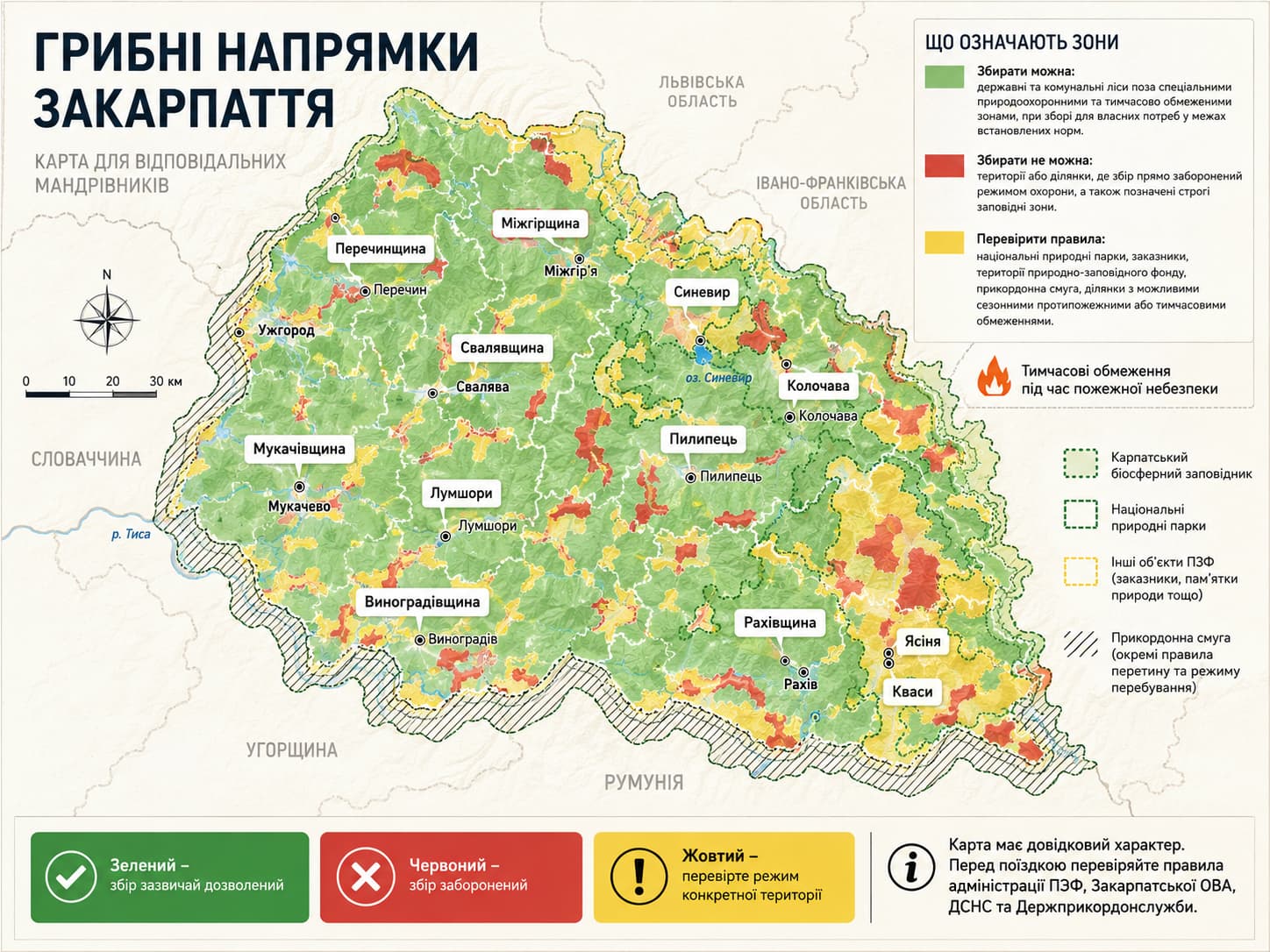 Карта Закарпаття з позначенням зон, де збір грибів дозволений, заборонений або потребує перевірки правил
