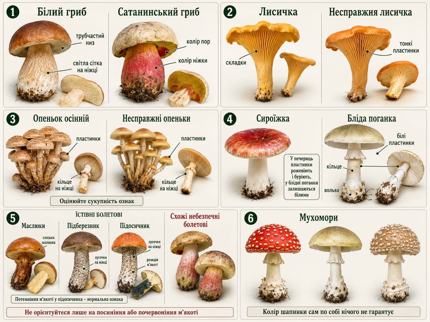 Порівняння їстівних і отруйних грибів Закарпаття з підписами, на що звертати увагу під час розпізнавання